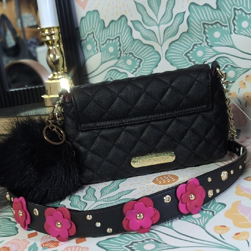 Betsey Johnson Quilted Black Bag with Pink Floral Strap